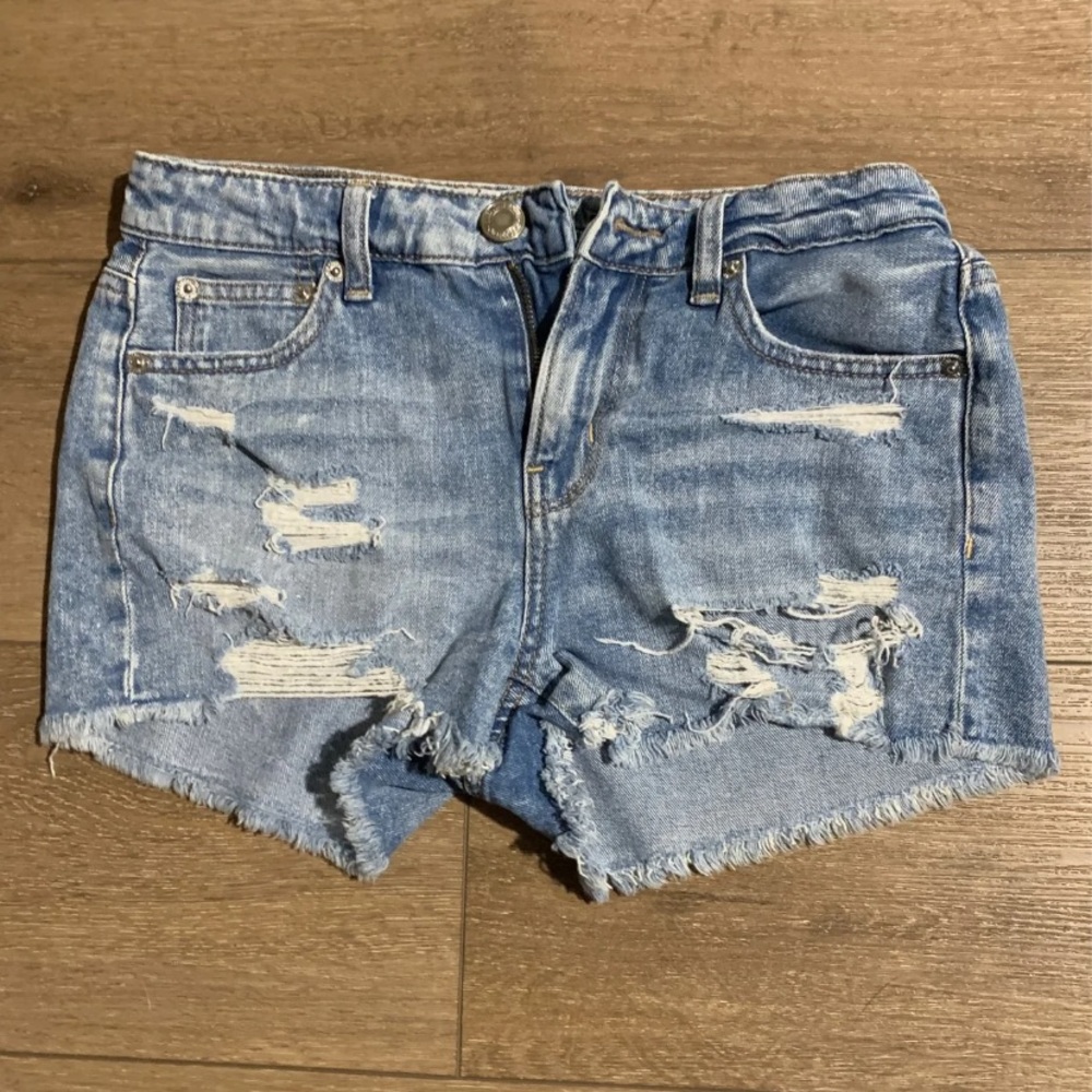 Distressed light wash jean shorts
